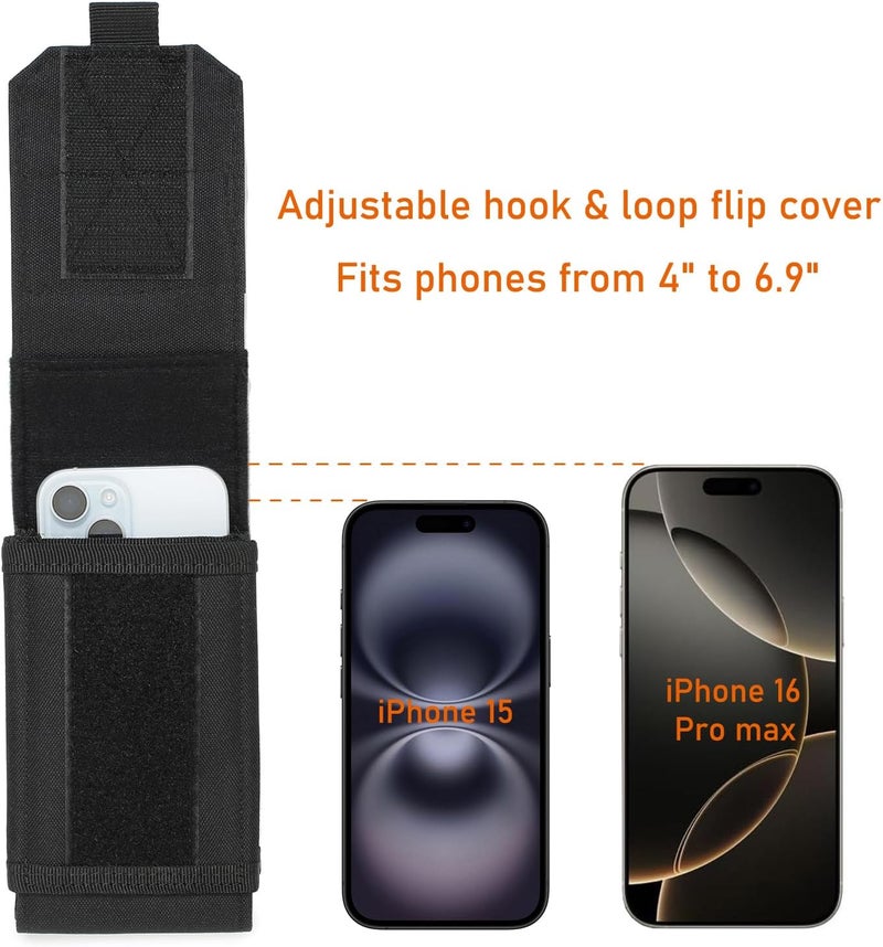 Lemubeane Tactical Molle EDC Phone Pouch Universal Dual Mobile Phone Holster Holder with US Flag Patch (Black) - Image 3